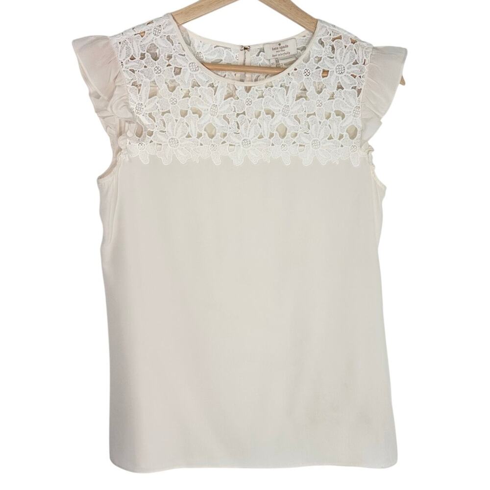 Kate Spade Silk Sleeveless‎ Ruffle Floral Lace Top | Cream | SZ XS